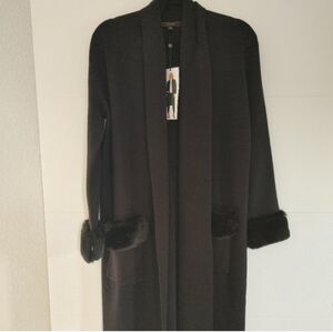Maxsport Duster Cardigan  with Black Faux Fur Cuffs and Pockets Sz L